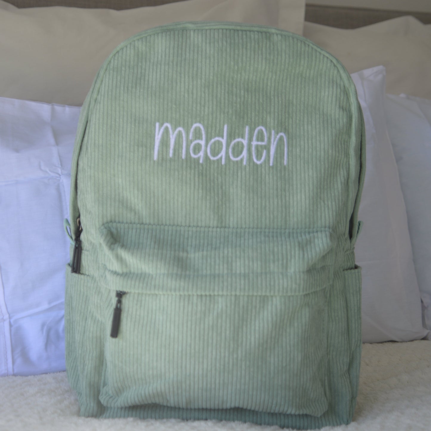 PERSONALISED MINT GREEN CORDUROY BACKPACK