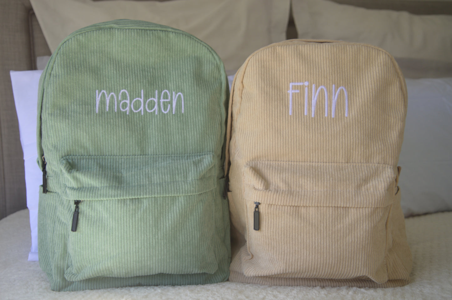 PERSONALISED BEIGE CORDUROY BACKPACK