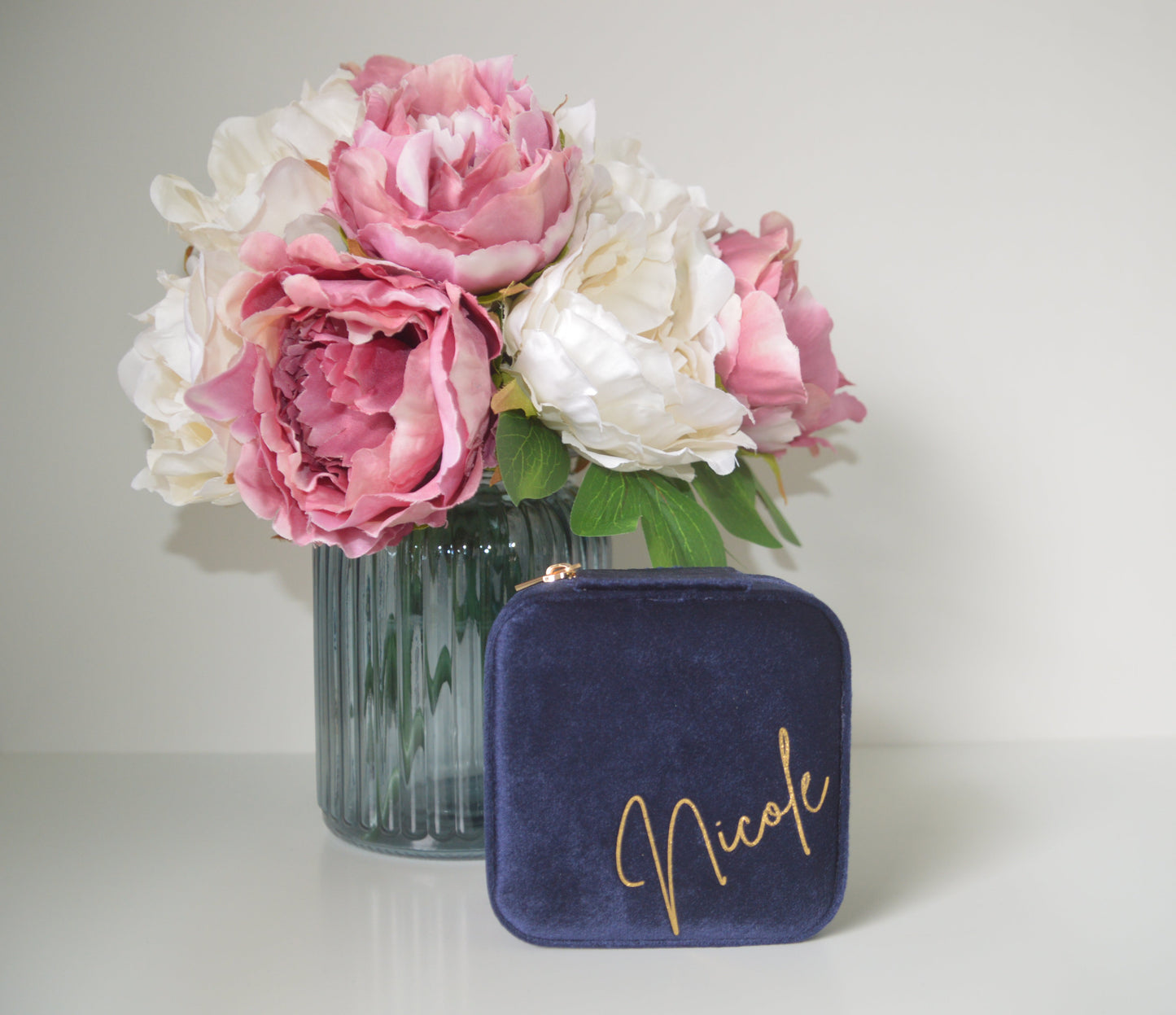 PERSONALISED NAVY BLUE VELVET JEWELLERY BOX