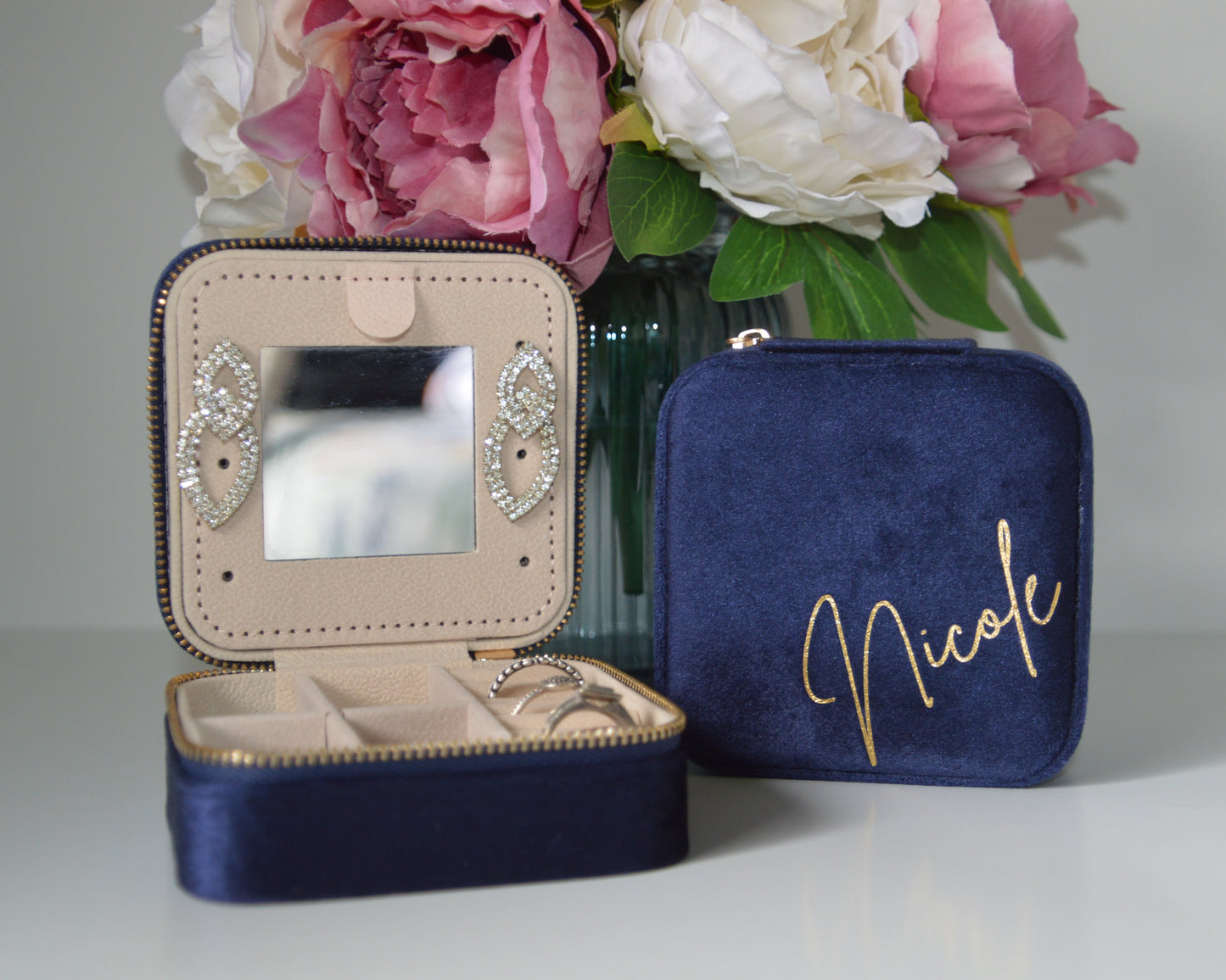 PERSONALISED NAVY BLUE VELVET JEWELLERY BOX
