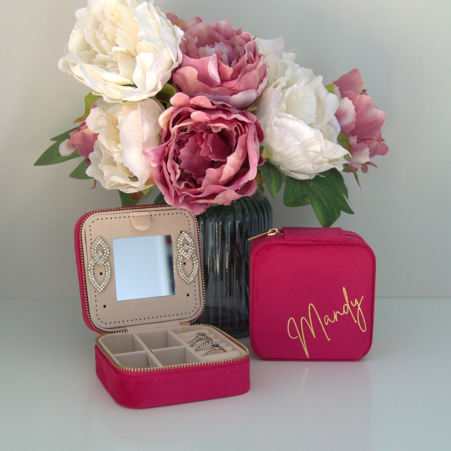 PERSONALISED RASBERRY PINK VELVET JEWELLERY BOX