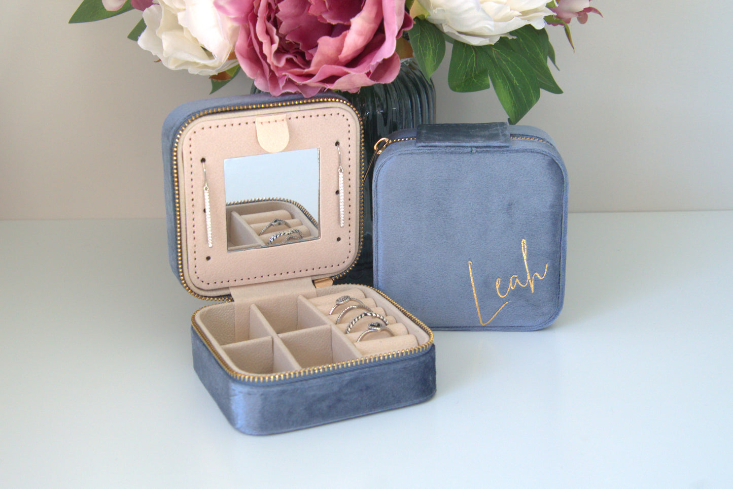 PERSONALISED PERIWINKLE BLUE VELVET JEWELLERY BOX
