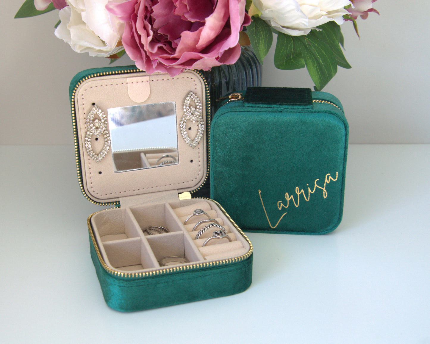 PERSONALISED FOREST GREEN VELVET JEWELLERY BOX