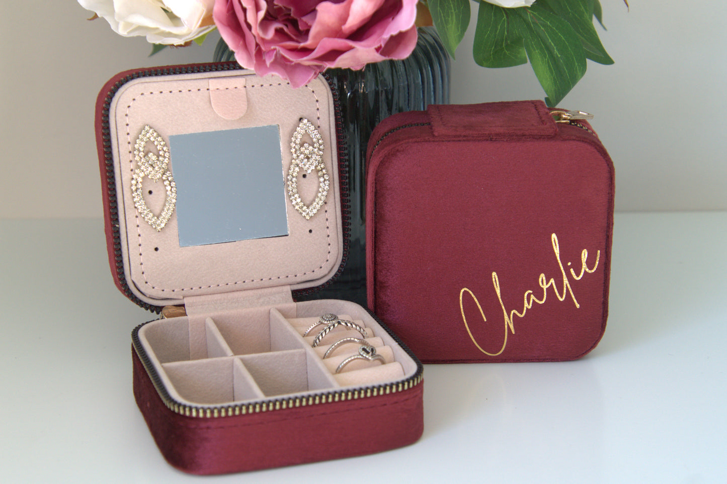 PERSONALISED BURGUNDY VELVET JEWELLERY BOX