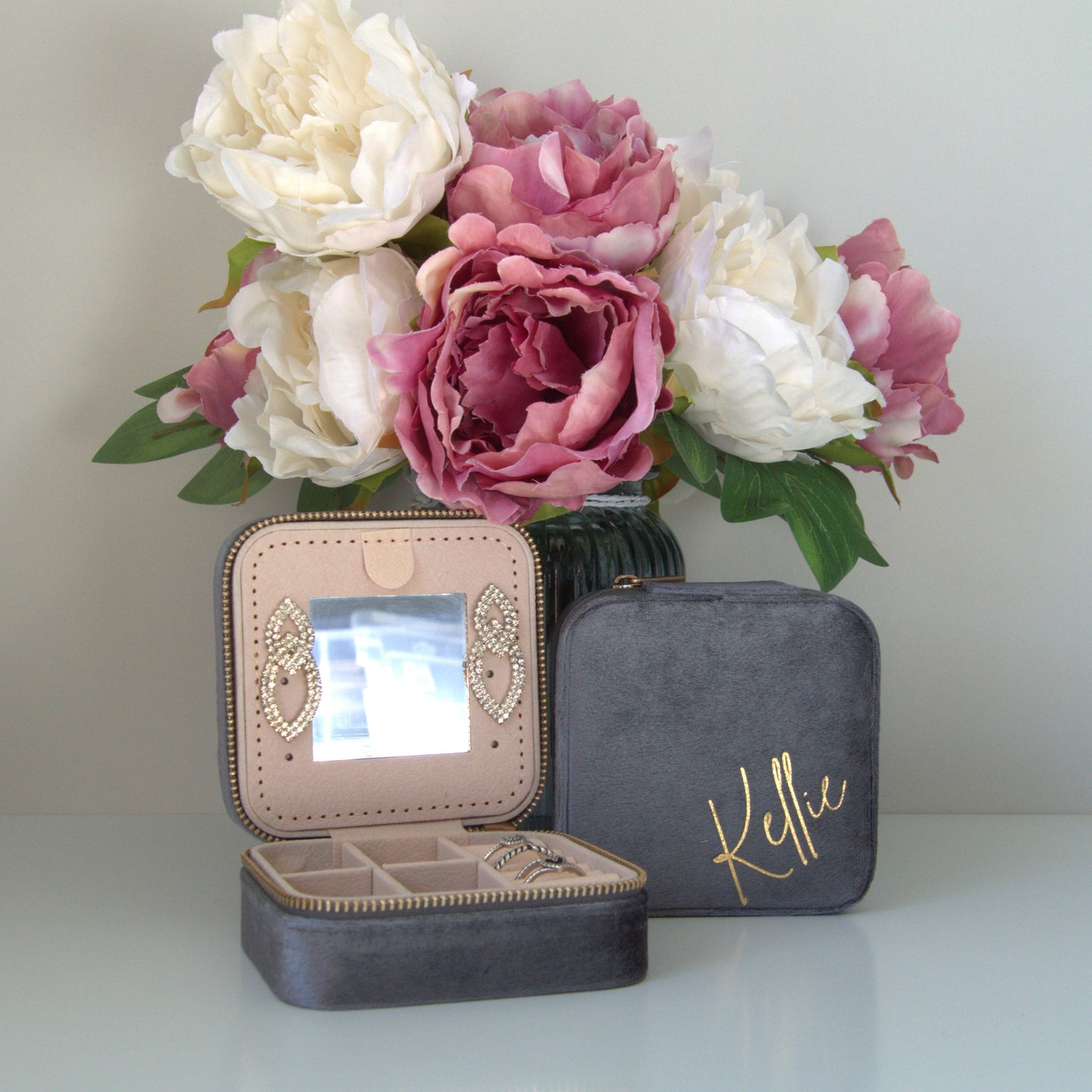 PERSONALISED SMOKEY GREY VELVET JEWELLERY BOX