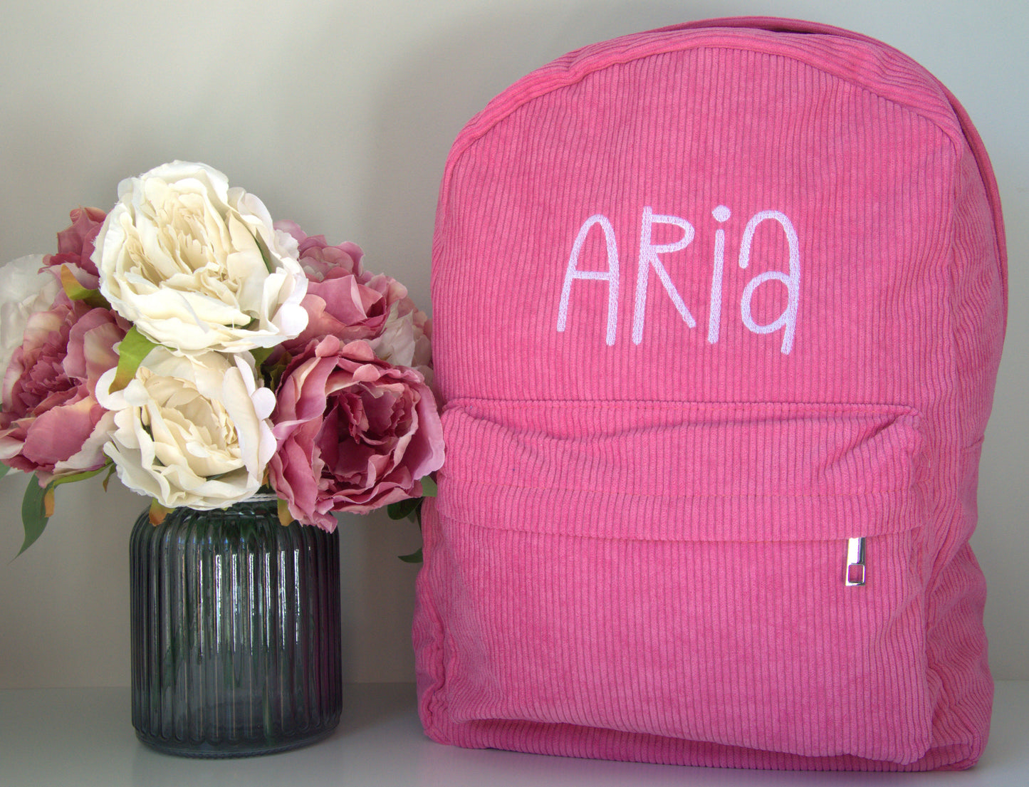 PERSONALISED RASBERRY PINK CORDUROY BACKPACK