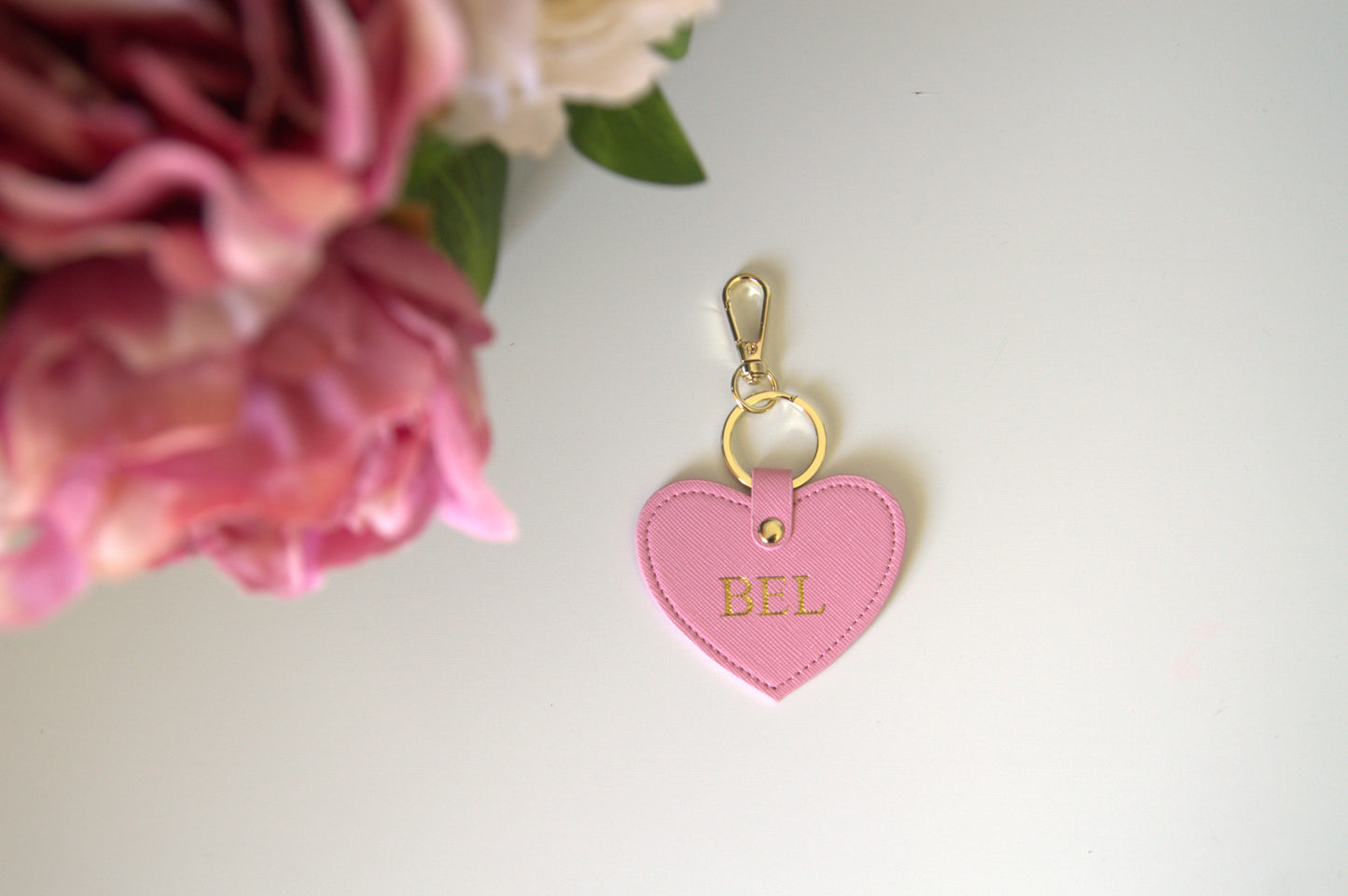 MONOGRAMMED HEART BABY PINK LEATHER KEYRING