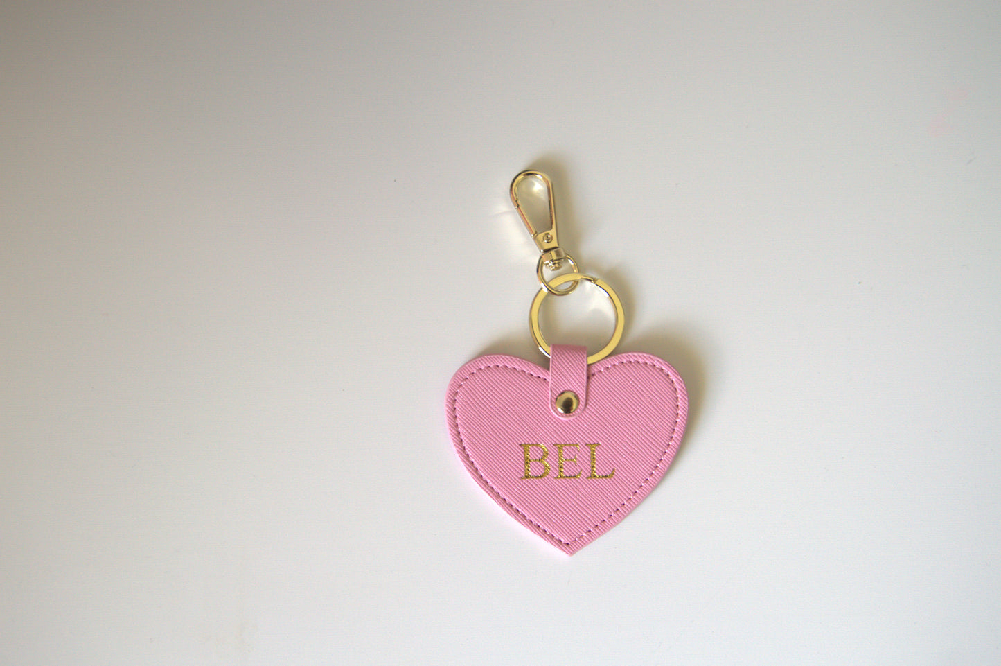 MONOGRAMMED HEART BABY PINK LEATHER KEYRING