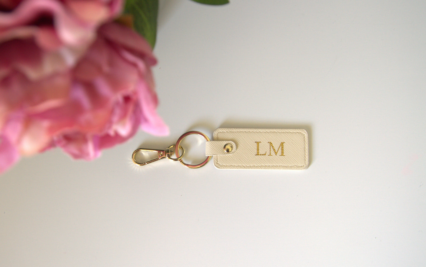 MONOGRAMMED IVORY RECTANGLE LEATHER KEYRING