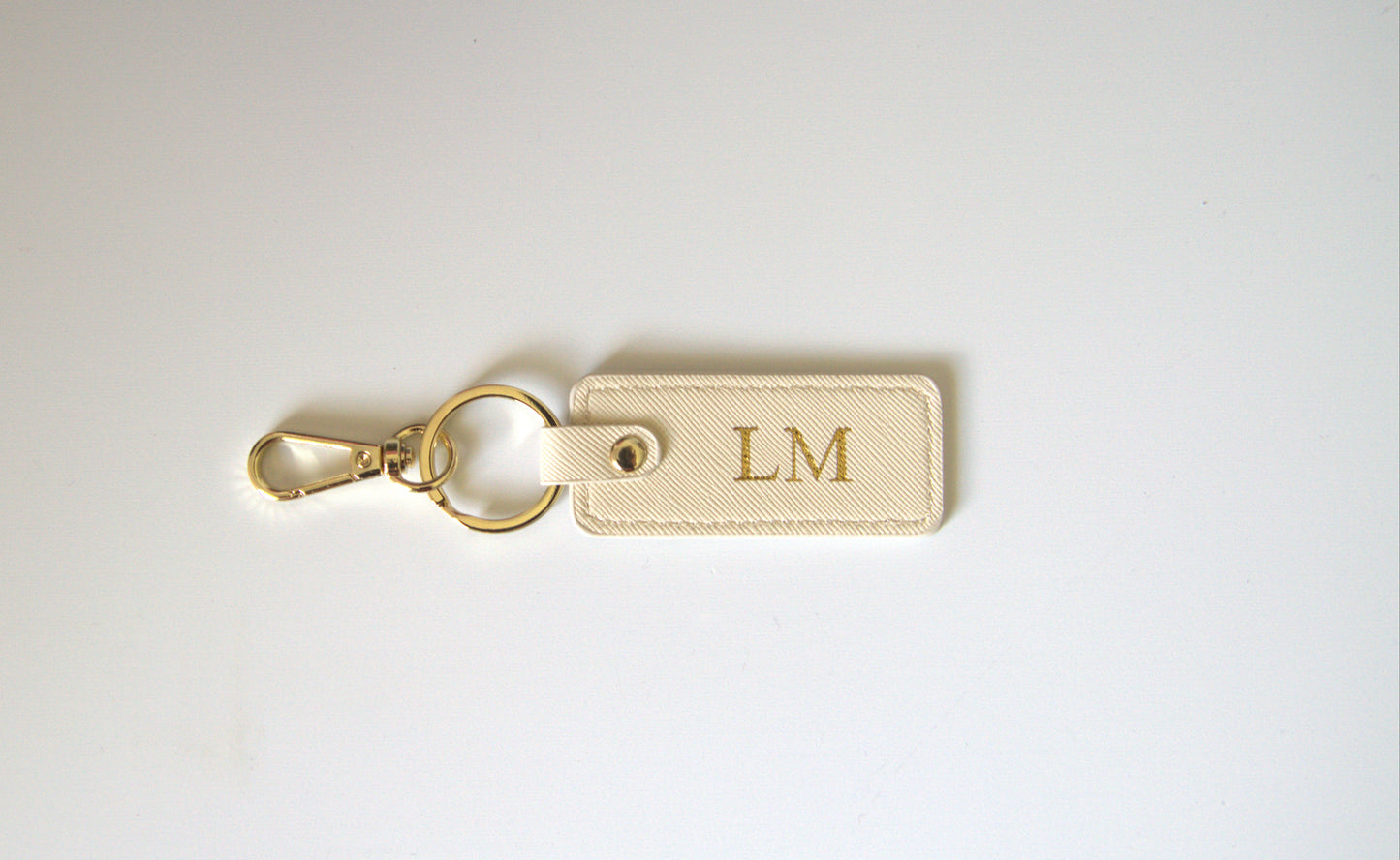 MONOGRAMMED IVORY RECTANGLE LEATHER KEYRING