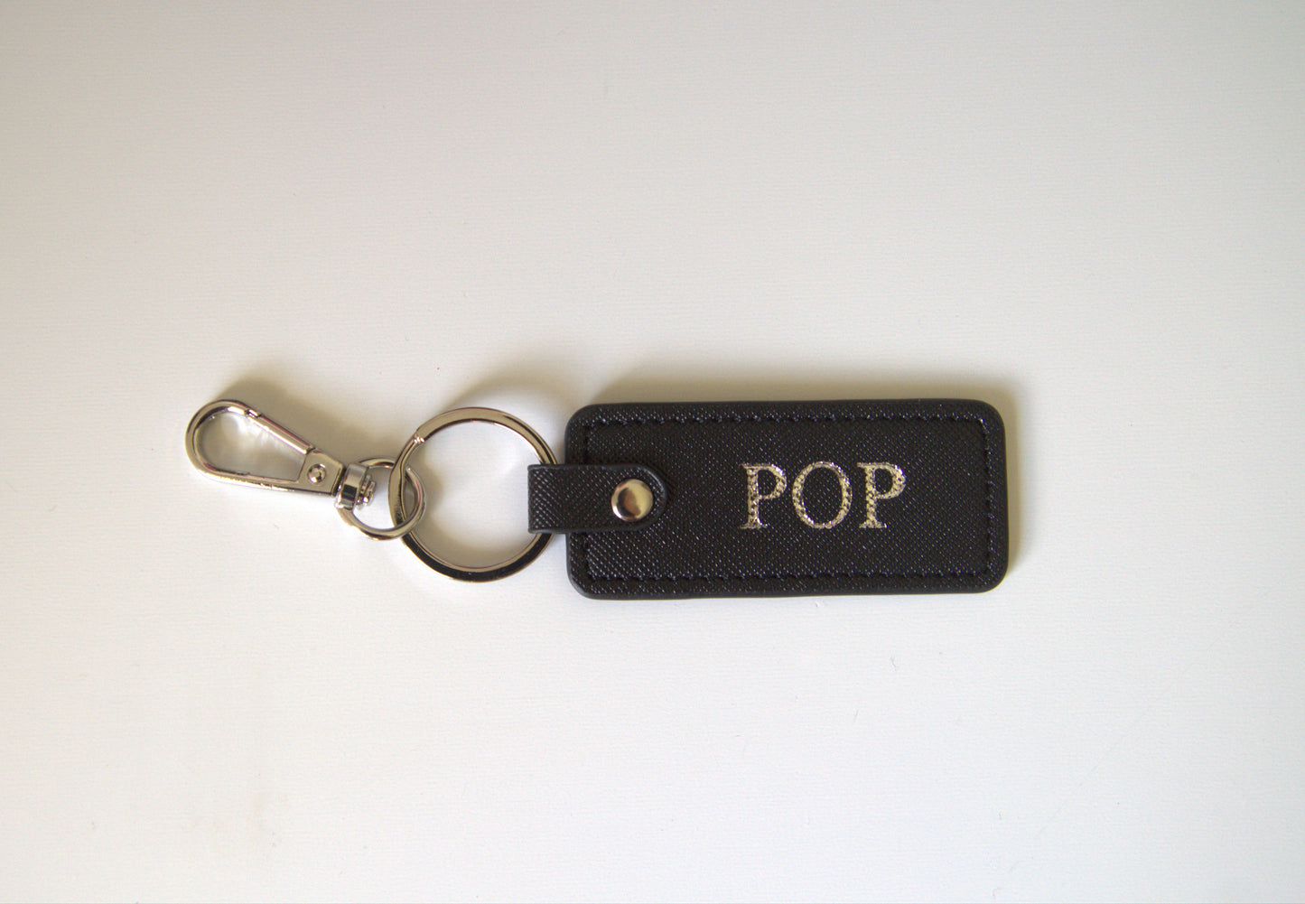 MONOGRAMMED BLACK RECTANGLE LEATHER KEYRING (SILVER HARDWARE)