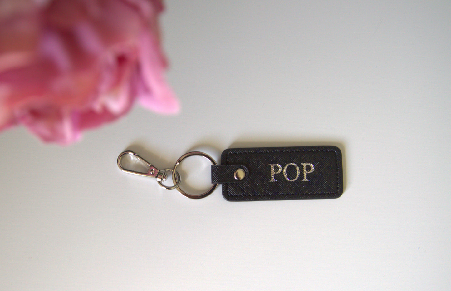 MONOGRAMMED BLACK RECTANGLE LEATHER KEYRING (SILVER HARDWARE)