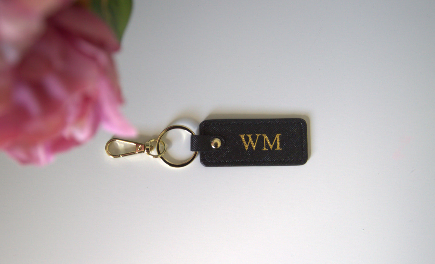 MONOGRAMMED BLACK RECTANGLE LEATHER KEYRING