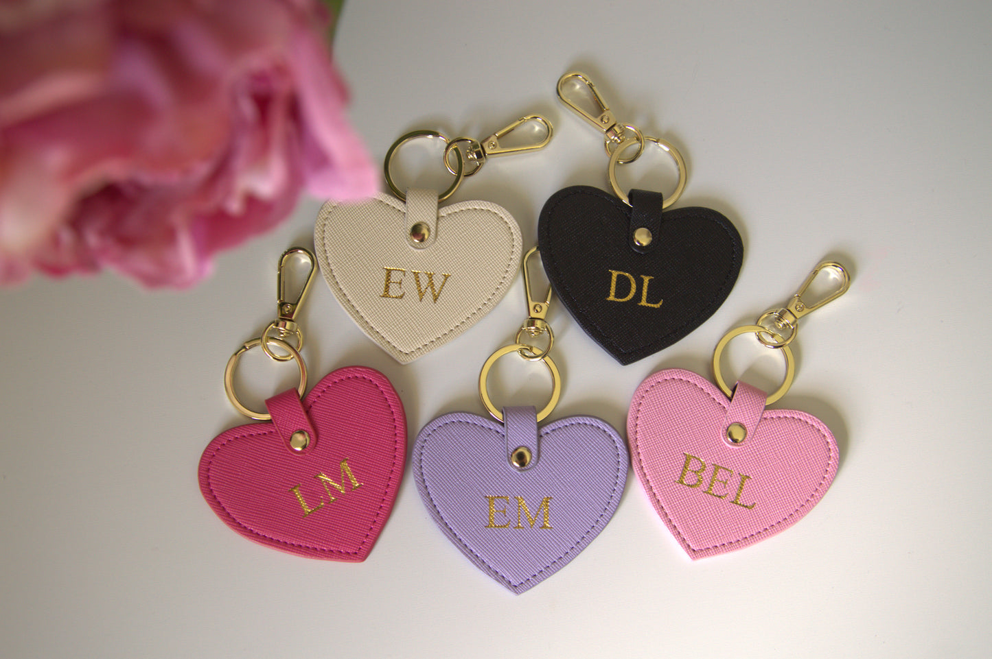 MONOGRAMMED HEART BABY PINK LEATHER KEYRING