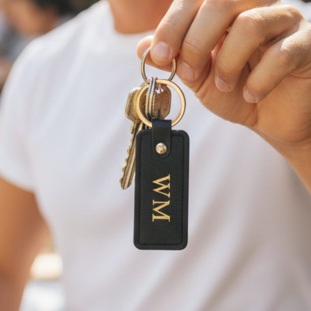 MONOGRAMMED BLACK RECTANGLE LEATHER KEYRING