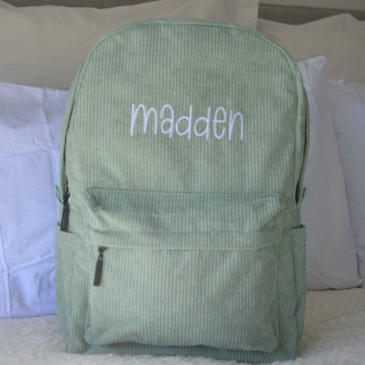 PERSONALISED MINT GREEN CORDUROY BACKPACK
