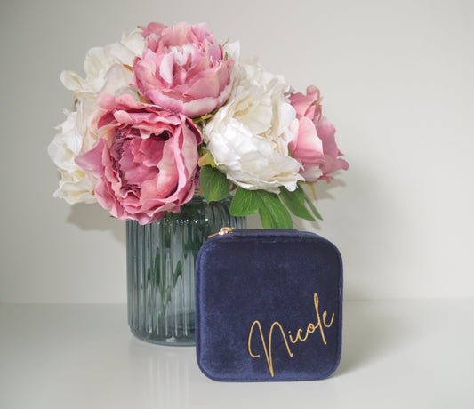 PERSONALISED NAVY BLUE VELVET JEWELLERY BOX