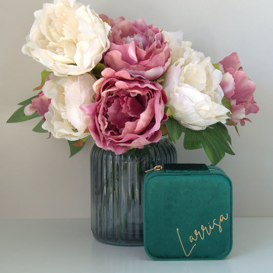 PERSONALISED FOREST GREEN VELVET JEWELLERY BOX