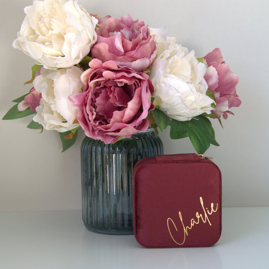 PERSONALISED BURGUNDY VELVET JEWELLERY BOX
