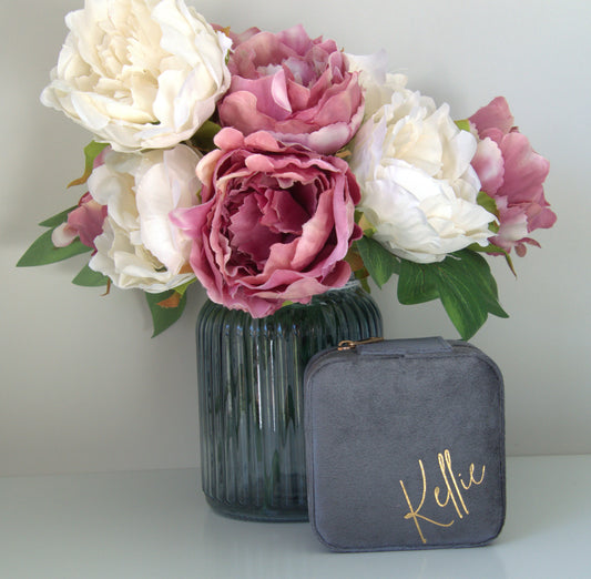 PERSONALISED SMOKEY GREY VELVET JEWELLERY BOX