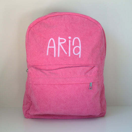 PERSONALISED RASBERRY PINK CORDUROY BACKPACK