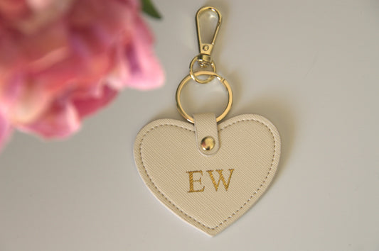 MONOGRAMMED HEART IVORY LEATHER KEYRING