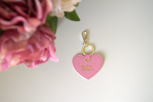 MONOGRAMMED HEART BABY PINK LEATHER KEYRING