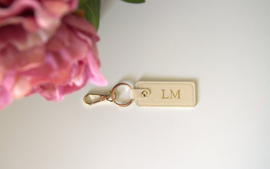 MONOGRAMMED IVORY RECTANGLE LEATHER KEYRING