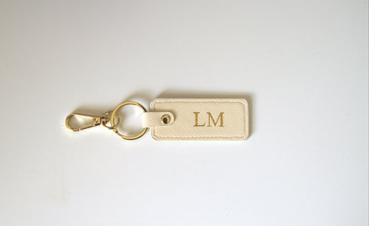 MONOGRAMMED IVORY RECTANGLE LEATHER KEYRING