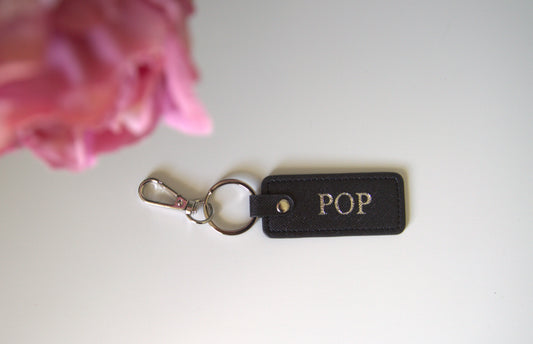 MONOGRAMMED BLACK RECTANGLE LEATHER KEYRING (SILVER HARDWARE)