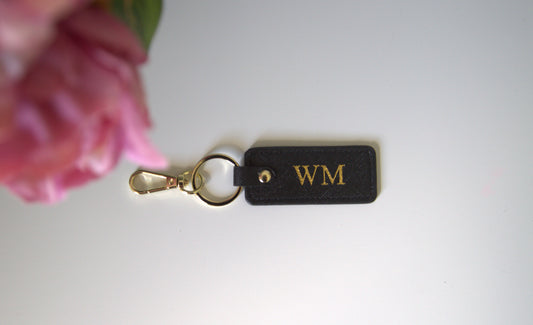MONOGRAMMED BLACK RECTANGLE LEATHER KEYRING