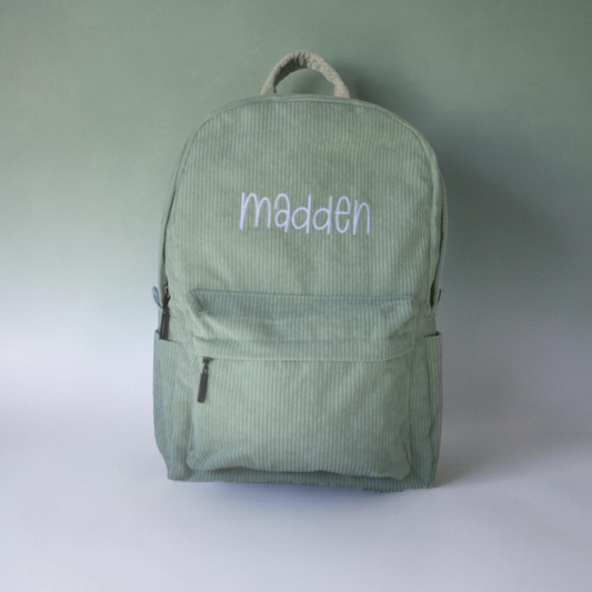 PERSONALISED MINT GREEN CORDUROY BACKPACK