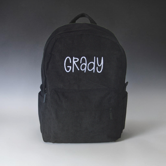 PERSONALISED MIDNIGHT BLACK CORDUROY BACKPACK