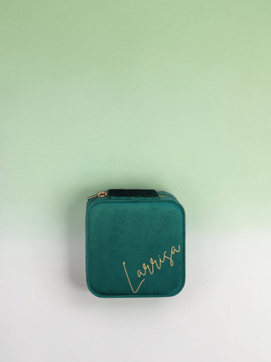 PERSONALISED FOREST GREEN VELVET JEWELLERY BOX