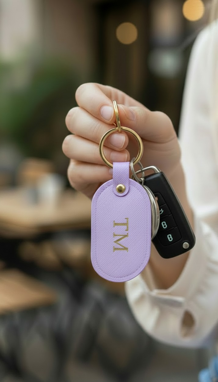 MONOGRAMMED OVAL LILAC LEATHER KEYRING