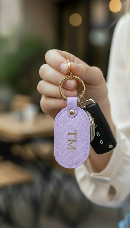 MONOGRAMMED OVAL LILAC LEATHER KEYRING