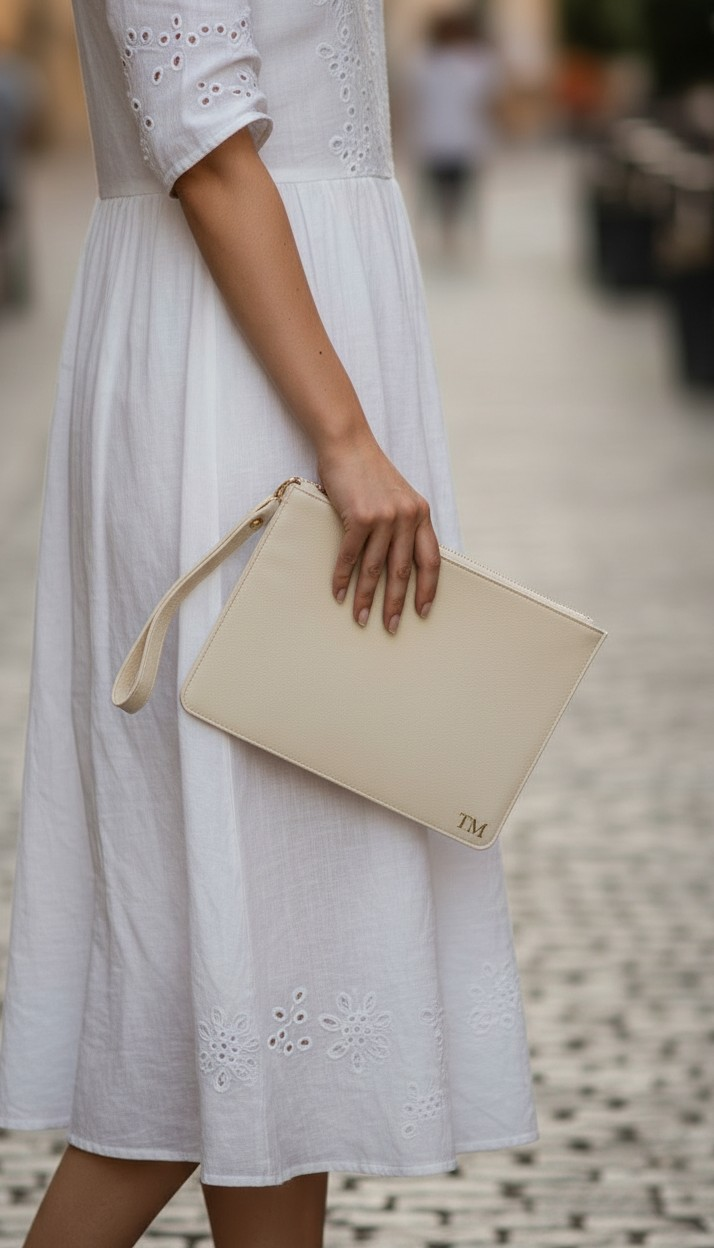 WOMENS MONOGRAMMED WHITE CLUTCH BAG AND KEYRING BUNDLE